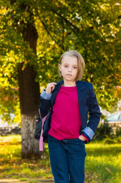 Pretty girl of school age in the autumn park. — Stock Photo, Image