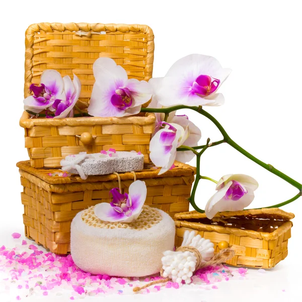 Spa concept. Twig orchid, boxes with salt and other accessories. — Stock Photo, Image