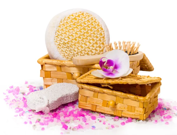 Spa concept. Twig orchid, boxes with salt and other accessories. — Stock Photo, Image