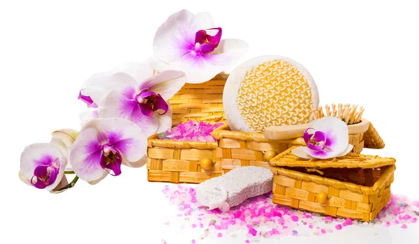 Spa concept. Twig orchid, boxes with salt and other accessories. — Stock Photo, Image