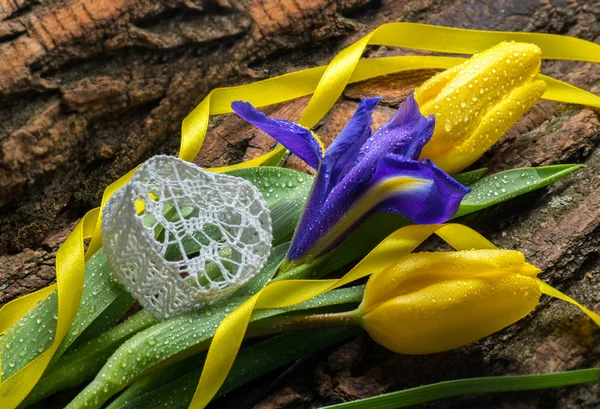 Iris de flores y tulipanes con gotas de agua sobre fondo de madera — Foto de Stock