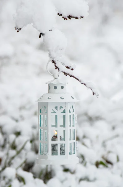 Lanterne allumée suspendue sur la branche neige journée d'hiver — Photo