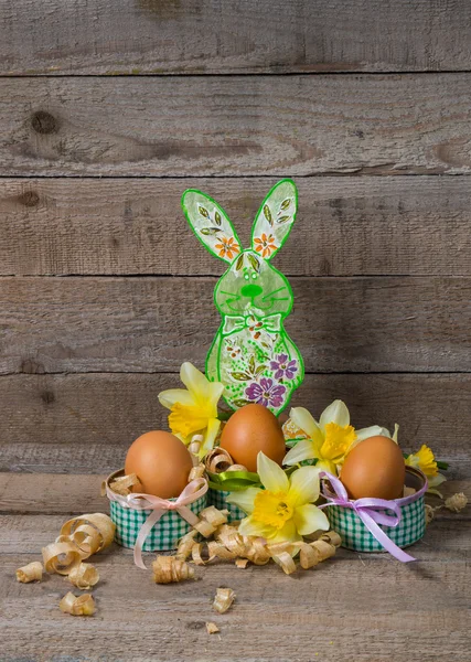 复活节彩蛋和复活节兔子与花的水仙 — 图库照片
