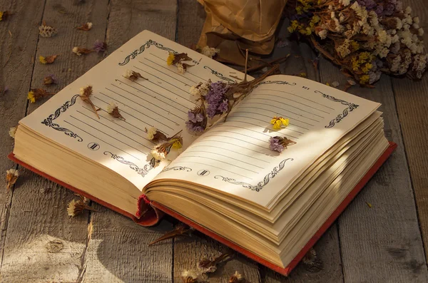 Book to write notes with dried flowers. — Stock Photo, Image