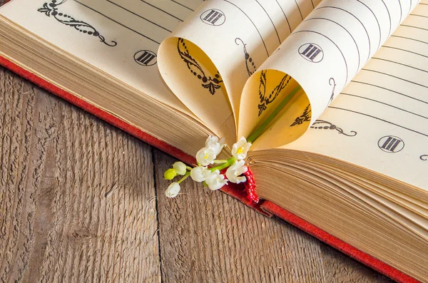 Bog sider foldet ind i et hjerte og en blomst lilje af dalen - Stock-foto