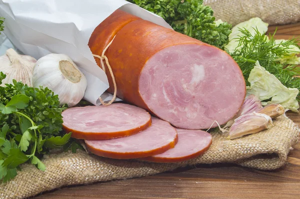 Ham  sliced pork sausage with garlic and herb Stock Picture