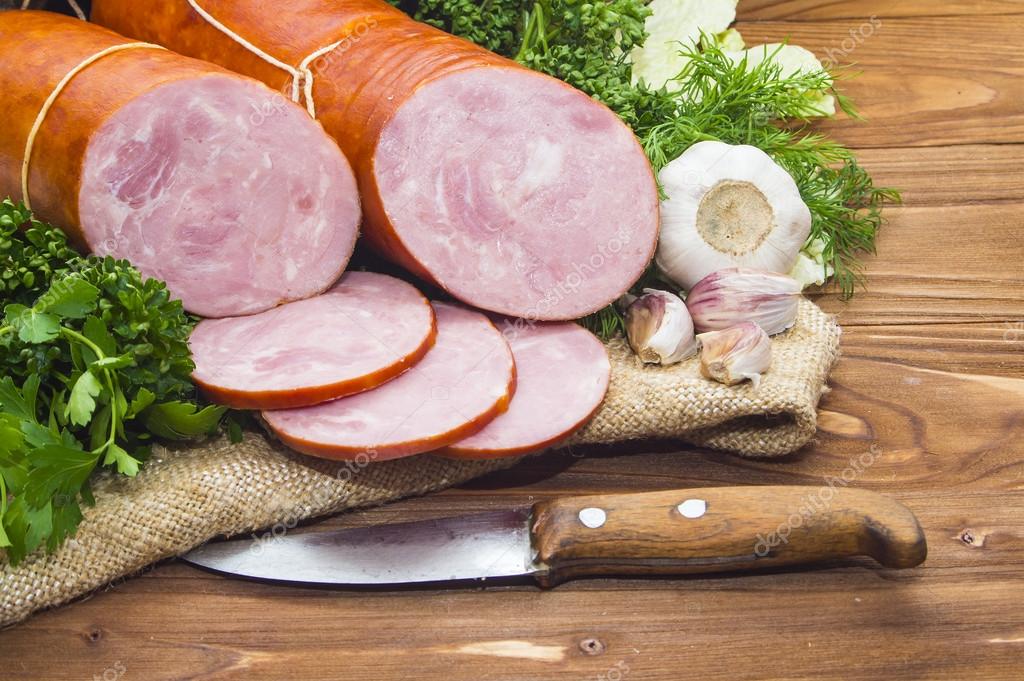 Ham sliced pork sausage with garlic and herb Stock Photo by