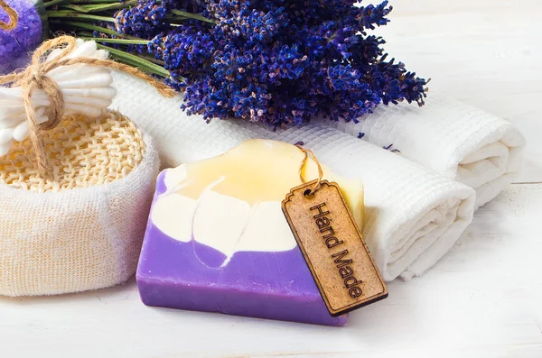 Lavender handmade soap and accessories for body care — Stock Photo, Image