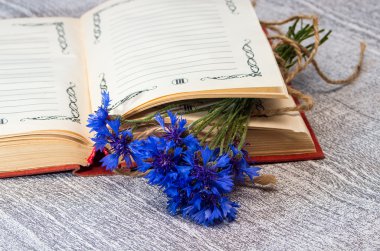 Açık kitap üzerine mavi Peygamber buket.