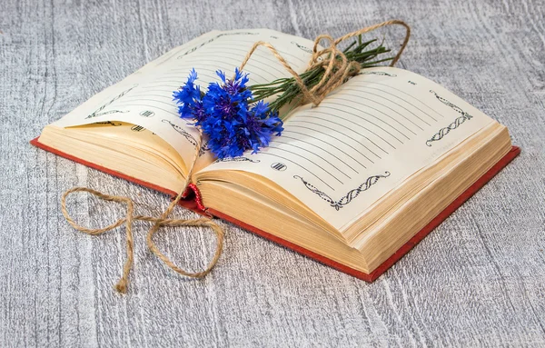 Aufgeschlagenes Buch mit einem Bund blauer Kornblumen — Stockfoto