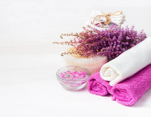 Spa concept. Flower, sea salt, towels — Stock Photo, Image