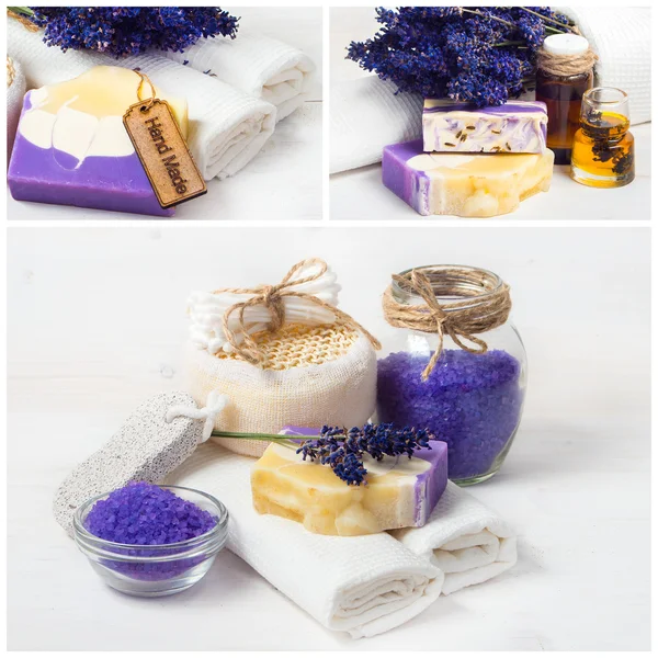 Lavendel spa collage. Zeezout, witte towels handdoeken en handgemaakte zeep — Stockfoto