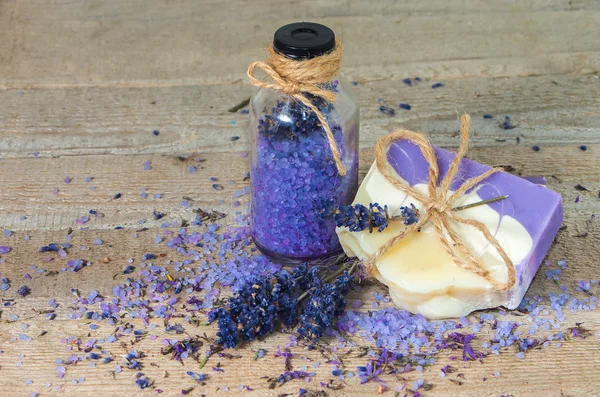 Lavender handmade soap and sea salt . — Stock Photo, Image