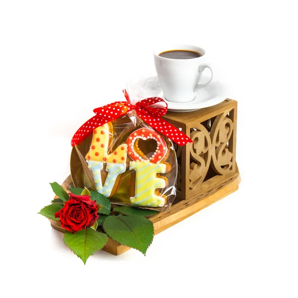 Kaffee und Kekse am Valentinstag — Stockfoto