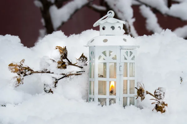 Burning lantern winter day — Stock Photo, Image