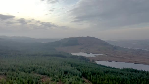 Aerial view of the Gweebaraa area at Muntermellan, Lough Doo and Lough Smulland - communication antenna — Stock Video