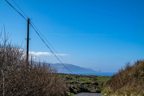 Utilidad Poste y líneas para el transporte de electricidad y comunicación a viviendas en la Irlanda rural — Foto de Stock