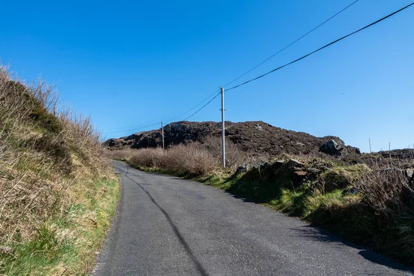 Utilidad Poste y líneas para el transporte de electricidad y comunicación a viviendas en la Irlanda rural — Foto de Stock