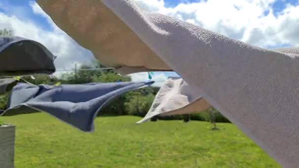 Vêtements et serviettes séchant en ligne dans le jardin — Video