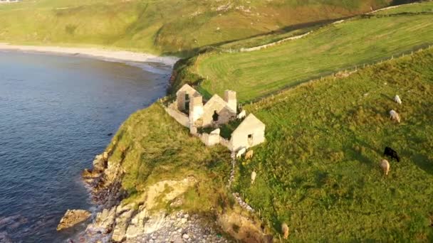 Pozůstatky továrny na řasy v letech 1790 až 1805 Teach Dearg nebo Červeného domu v Crohy Head u Maghery, Dunloe, hrabství Donegal - Irsko — Stock video