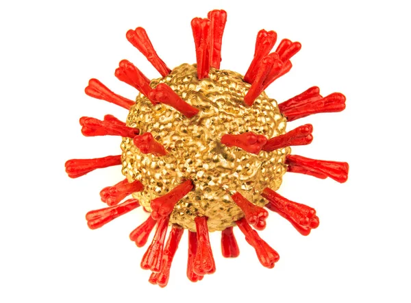 Bauble Coronavirus Golden Christams Con Picos Proteína Roja Aislados Blanco — Foto de Stock