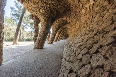 BARCELONA, İSPAN - 22 Mart 2019: Park Guell, Antonio Gaudi. Antonio Gaudi 'nin Park Guell, Barcelona' daki ağaç gövdesine benzeyen taş sütunlar. İspanya 
