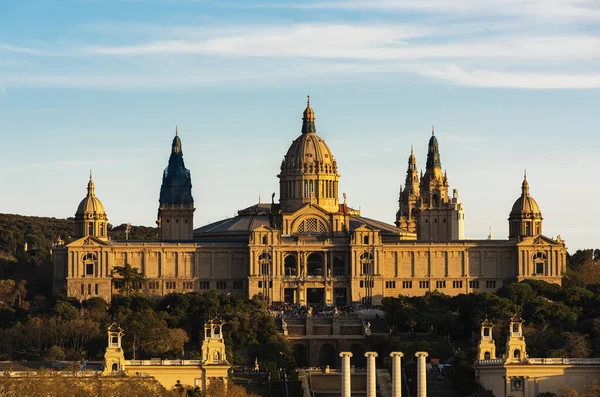 Βραδινή Φωτογραφία Του Palau Nacional Κτίριο Κατοικιών Εθνικό Μουσείο Τέχνης — Φωτογραφία Αρχείου