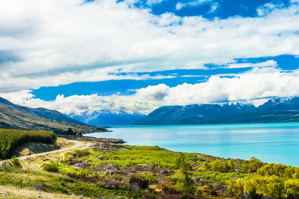 Mighty Cook Appearing Clouds Incredibly Blue Lake Pukaki New Zealand Stock Picture