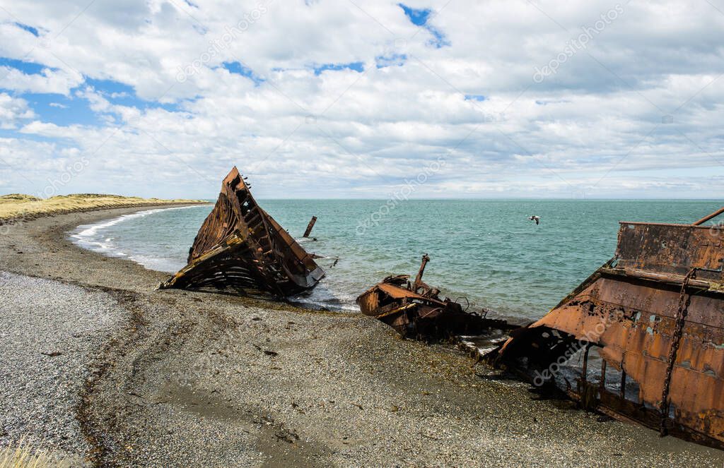 Wreck of Amadeo steamship build in 19th century in United Kingdom is since 1932 beached near Estancia San Gregorio, Chile