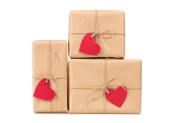 Gift boxes heart-shaped labels — Stock Photo, Image