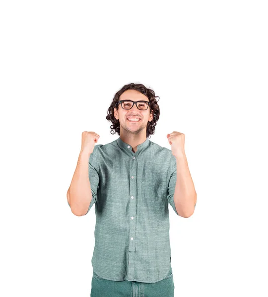 Jeune Homme Satisfait Longue Coiffure Bouclée Porte Des Lunettes Maintient — Photo