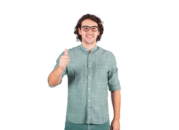 Homem Jovem Mostra Polegar Para Cima Gesto Sorrindo Para Câmera — Fotografia de Stock