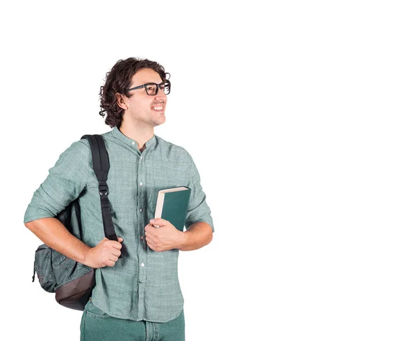 Retrato Estudante Sorridente Segurando Livro Peito Carregando Sua Mochila Nos — Fotografia de Stock