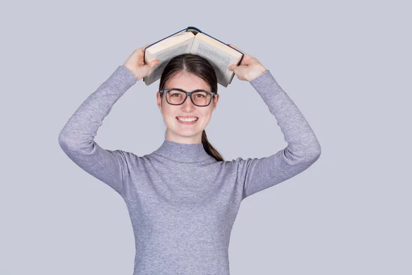 Happy Young Student Girl Looking Camera Positive Expression Open Book — Stock Photo, Image