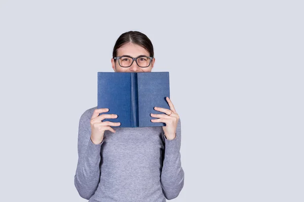 Happy Student Girl Glasses Smiling Covering Half Face Opened Blue — Stock Photo, Image