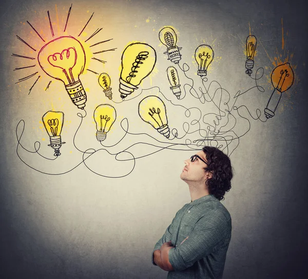 Creative Businessman Thinking Great Ideas Looking Bright Lightbulbs Wall Business — Stock Photo, Image