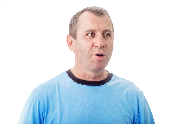 Shocked Middle Aged Man Big Eyes Open Mouth Isolated White — стоковое фото