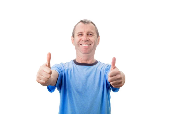 Cheerful Pleased Middle Aged Man Shows Thumbs Gesture Looking Camera — Stock Photo, Image