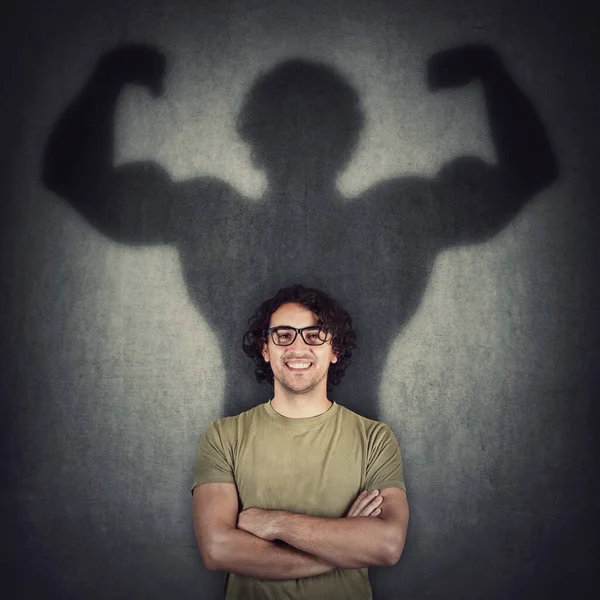 Confident Young Man Shadows Transforms Muscular Person Wall Metaphor Inner — Stock Photo, Image
