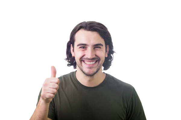 Contented Young Man Shows Thumb Gesture Smiling Camera Isolated White — Stock Photo, Image