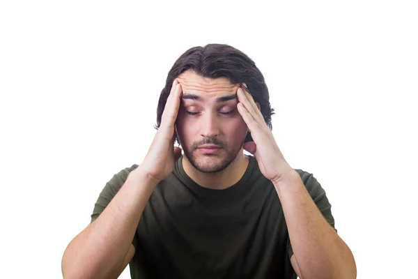 Portrait Jeune Homme Épuisé Garde Les Mains Aux Tempes Les — Photo