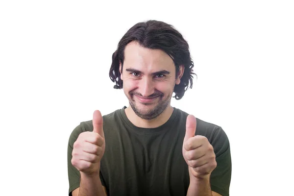 Contented Young Man Shows Both Thumbs Gesture Slick Smiling Camera — Stock Photo, Image