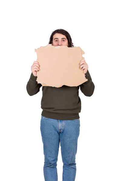 Homem Estressado Refugiado Mendigo Segurando Uma Folha Papelão Branco Espaço — Fotografia de Stock