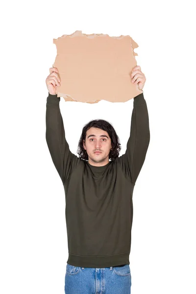 Homme Avec Les Mains Tendues Tenant Une Feuille Carton Vierge — Photo