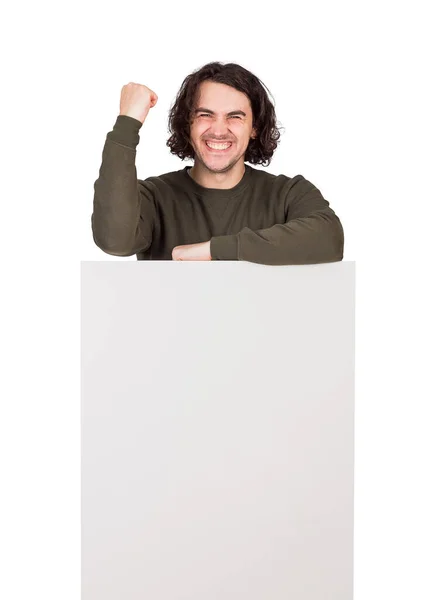 Pleased Passionate Man Celebrates Success Achievement Standing Blank Banner Advertising — Stock Photo, Image