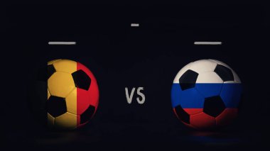 Belçika, Rusya 'ya karşı Euro 2020 futbol maçı duyurusu. Ülke bayraklı iki futbol topu, eşleşen bilgileri gösteriyor, siyah arkaplanda izole edilmiş, sayı tahtası kopyalama alanı var..