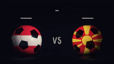 Avusturya - Kuzey Makedonya Euro 2020 futbol karşılaşması duyurusu yaptı. Ülke bayraklı iki futbol topu, eşleşen bilgileri gösteriyor, siyah arkaplanda izole edilmiş, sayı tahtası kopyalama alanı var..