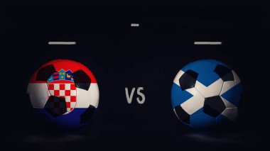 Hırvatistan, İskoçya Euro 2020 maçına karşı. Ülke bayraklı iki futbol topu, eşleşen bilgileri gösteriyor, siyah arkaplanda izole edilmiş, sayı tahtası kopyalama alanı var..
