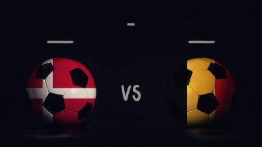 Danimarka, Belçika 'ya karşı Euro 2020 futbol maçı duyurusu. Ülke bayraklı iki futbol topu, eşleşen bilgileri gösteriyor, siyah arkaplanda izole edilmiş, sayı tahtası kopyalama alanı var..