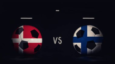 Danimarka, Finlandiya 'ya karşı Euro 2020 futbol maçı duyurusu. Ülke bayraklı iki futbol topu, eşleşen bilgileri gösteriyor, siyah arkaplanda izole edilmiş, sayı tahtası kopyalama alanı var..